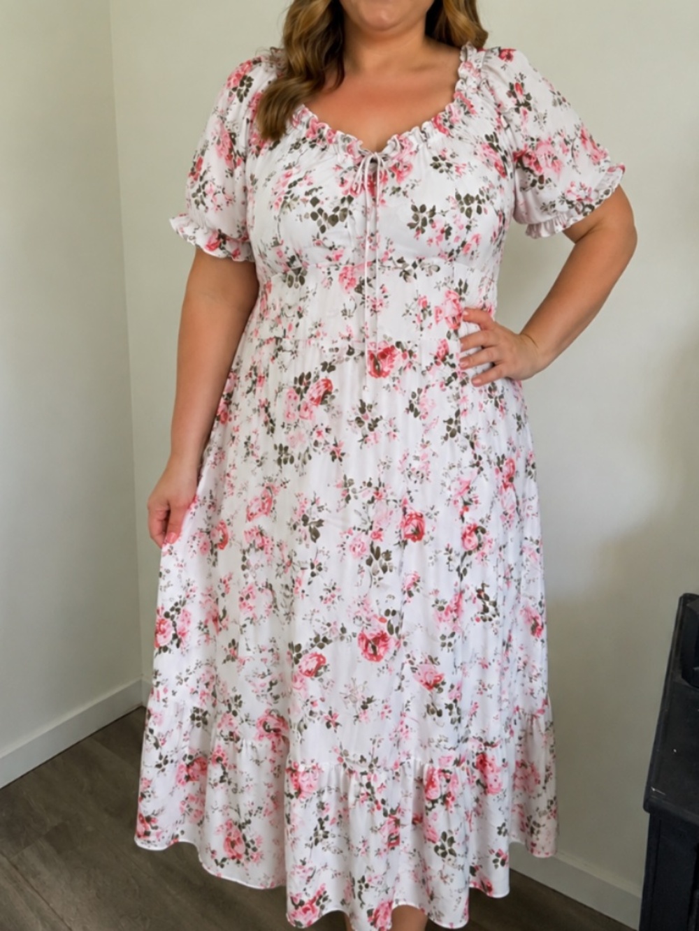 White Floral Summer Maxi Dress with Pink Rose Print